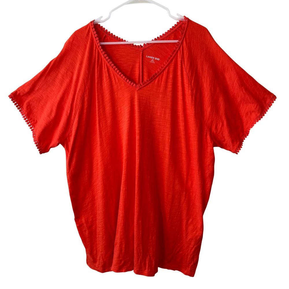 Lands End Womens 3X Orange Red Pom Pom Trim V-Neck Slub Knit Top Short Sleeve